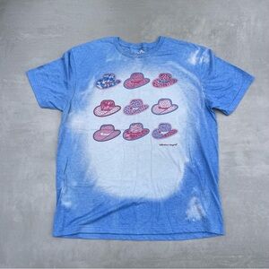 Blue Graphic Short Sleeve Tee with Pink Hat Motif